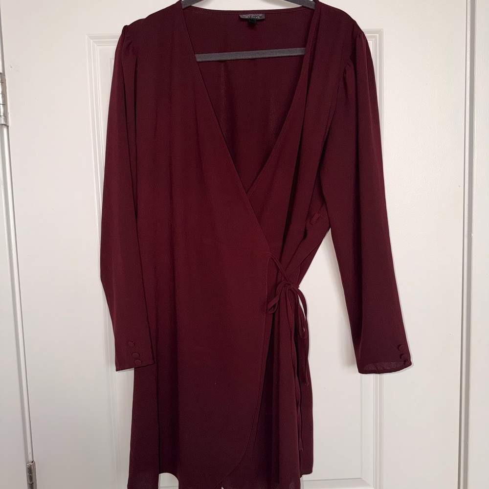 Topshop Deep Red Long Sleeve Wrap Dress